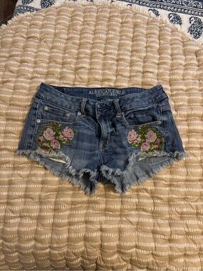 American Eagle Blue Denim Floral Embroidered Frayed Hem Shorts